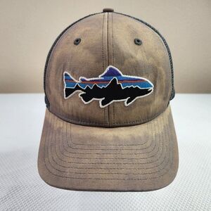 Patagonia Fitz Roy Trout Trucker Hat Snapback Fish Logo Blue Grey Thrashed Worn